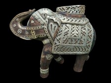 Big Vintage Hand Carved Wood Elephant Statue Brass Embossed Metal Fitted 14