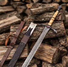 Hand Forged Damascus Steel Longsword – Engraved Bone Handle with Leather Sheath picture