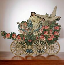 Antique 3D Valentines Day Card Angel Roses Cart Doves Pink Germany 3 Panels 9