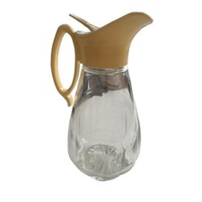 Log Cabin Syrup Pitcher Vintage 60's Clear Glass Ivory Top MCM picture