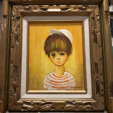 Vintage Mid Century Big Eye Boy Oil Painting by Oster - Framed 1960s/1970s Art picture