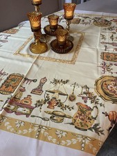 VTG 1970’s Kitchen themed tablecloth Eagle Teapot Kettle Clock Gold Green Orange picture