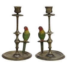 Pair Antique Brass Candlesticks & Cold Painted Bergman Bronze Parrots C1920 picture