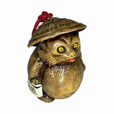 VTG Japanese Tanuki Clay Bell Pottery Raccoon Dog Netsuke Lucky 3” picture