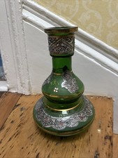 VINTAGE BOHEMIAN GLASS HAND PAINTED HOOKAH BASE BOTTLE VASE With Silver Hamsa picture