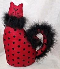 VTG Weighted Plush Fabric Cat Doorstop Red & Black Polka Dot Lace & Faux Fur Boa picture