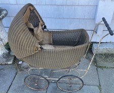 1900’s Antique Victorian Beige Wicker Pram Baby Doll Buggy/Carriage Stroller 26