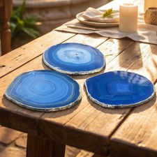 Blue Agate Slice Coasters Silver Dipped Plated Edges Place Cards Brazil Mineral picture