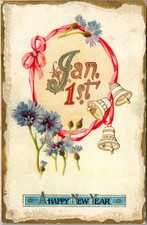 Happy New Year Jan. 1st Bells Flowers Postcard c1910s Posted picture
