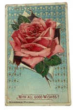 With All Good Wishes, Gold-Embossed Rose by Heymann ~ Antique 1910s Postcard picture
