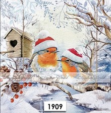 (1909) TWO Paper LUNCHEON Decoupage Art Craft Napkins - CHRISTMAS ROBINS BIRDS picture