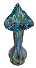 Jack In The Pulpit Vase Blue Rainbow Colored Art Glass Handblown Scalloped Vtg picture