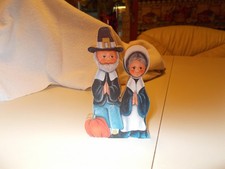 Wooden Man and Lady  Thanksgiving Pilgrim Figurine with Pumpkin picture