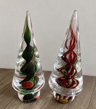 Vtg MCM Murano Glass Green Red Gold Fleck Twist Vortex Christmas Trees Orig Stic picture