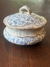 Antique KT&K Semi Vitreous Porcelain Covered Sugar Bowl Dish Blue Floral Gold picture
