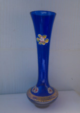 VINTAGE ITALIAN VENETIAN COBALT BLUE JEWELED GLASS VASE GOLD GILT ENAMEL FLOWERS picture