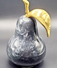 Black Marble Pear Paperweight w/ Brass Stem & Leaf picture