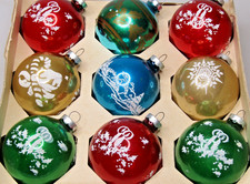 Lot VTG Glass Pictured Stencil CANDLE SILENT VILLAGE BALL Christmas Ornaments US picture