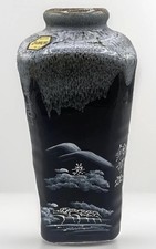Japanese Painted Black Studio Bud Vase Kintaikyo Bridge Grey White Drip Glaze EC picture