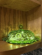 Vintage L.E. Smith Moon & Stars Green Butter Dish w/Lid Oval & Scalloped picture