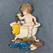 Sexton 1975 Boy w Frog Bare Butt Bathtub Bath Bathroom CAST METAL Wall Hanging picture