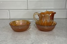 **VINTAGE** Iridescent Marigold Carnival Glass Creamer & 2 Bowls picture