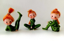 Pixie Elf Girl Red Hair Green Yoga Pose Set 3 Vintage Japan  Ceramic Figurines picture