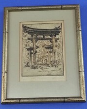 Vintage Etching Japanese Tea Garden Scene Japan Small Bamboo Frame Artisan Sign picture