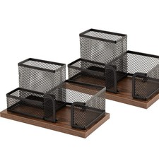 Vintage Wood & Mesh Pen Holder Caddy, Desktop Organizer with Sticky Notes, 3 Com picture
