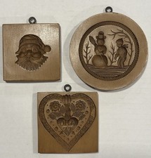 Lot Of 3 Springerle Cookie Press Stamp Molds - SNOWMAN And BOY, SANTA, HEART picture