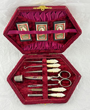Vintage Mother of Pearl Sewing Kit in Red Velvet Case picture