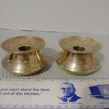 1 Pair Vintage Engraved Solid Brass Candle Stick Holders Signed G87 HH INDIA picture