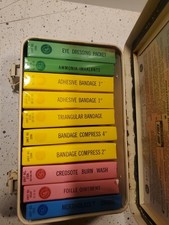 Vintage Metal Industrial First Aid Kit all contents in color coded sealed boxes picture