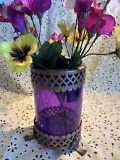 Vtg Purple Etched Glass Candleholder Vase~~Brass Crosses Hearts~Medieval~Gothic picture
