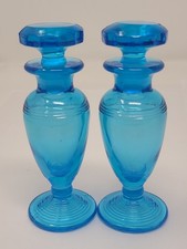 Vtg Paden City 1920s Blue Glass Perfume Bottle Pair Art Deco Vanity Dropper Set picture