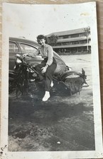 VINTAGE 1940s photograph WOMAN ON A 1940S HARLEY DAVIDSON WWII ERA picture