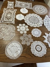 Lot Of 15 White Vintage Hand Crocheted Doilies In Various Shapes. And Sizes picture