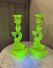 VINTAGE PAIR MMA Imperial Vaseline Uranium 10” Chinese KOI/Dolphin Candlesticks picture
