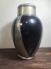 Vintage French Gloss Black Brass Trimmed Clay Vase MCM 13