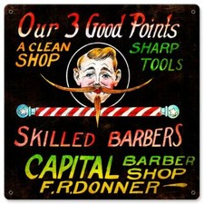 1915 BARBER SHOP OUR 3 GOOD POINTS HEAVY DUTY USA MADE METAL ADVERTISING SIGN picture