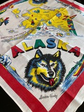 VINTAGE MCM ALASKA STATE SOUVENIE TABLECLOTH, MAP, HUSKIES, POINT OF INTEREST picture