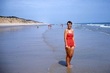 Vintage 1958 35mm Slide Kodachrome Woman on Beach Red Swimsuit in Surf picture