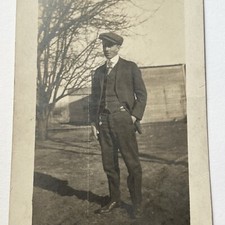 Antique RPPC Real Photograph Postcard Handsome Young Man Suit Vest Cap picture