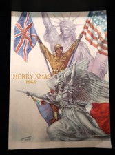Vtg Patriotic Christmas Card '44 Allied Forces Europe Signed Paris WWII Ephemera picture