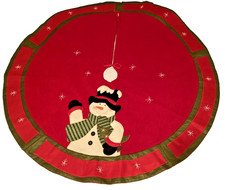 Snowman Applique Christmas Tree Skirt Red Fleece Embroidered Snowflakes 48