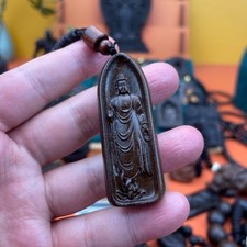 Agarwood Mahavairocana Buddha Carved Pendant Wooden Amulet Necklace picture