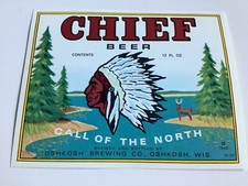 CHIEF BEER OSHKOSH BREWING CO WISCONSIN 12 OZ LABEL, VINTAGE 1966, INDIAN HEAD picture