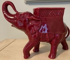 Vintage Ceramic Pottery Elephant Planter Maroon Burgundy Trunk Up Mid-Century picture