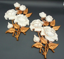 Vintage Syroco White Roses Wall Plaque A-4460 Gold Leaf Homco Set of 2 picture