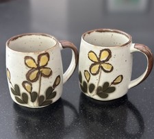 VTG 70s Otagiri Style Speckled Stoneware Floral Coffee Mugs Set of 2 picture